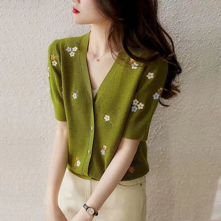 As Picture Casual Embroidered Knitted Shirts & Tops