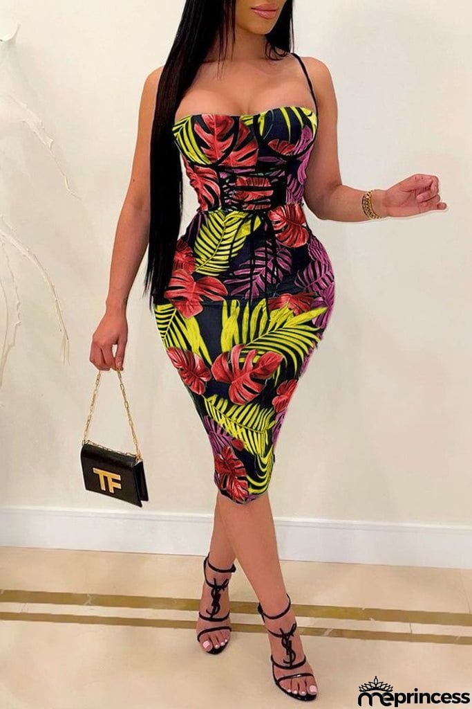 Bandage Leaf Print Sleeveless Midi Dress