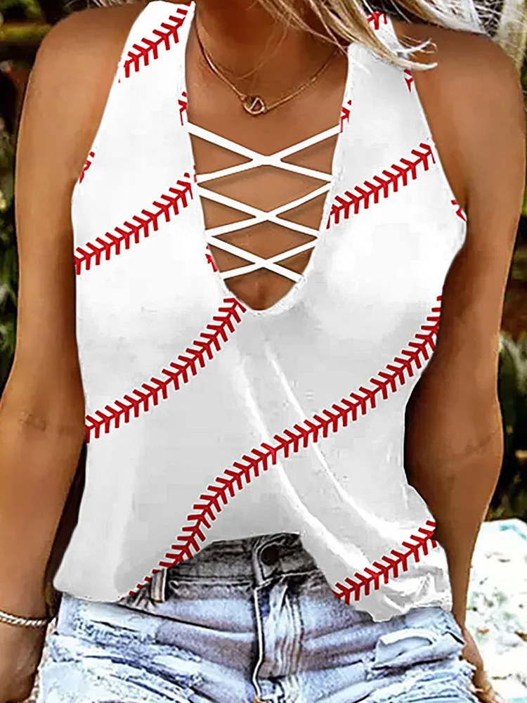 Baseball Pattern Print Casual Cozy V Neck Tank Top