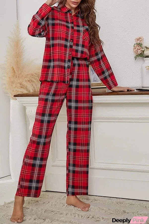 Christmas Plaid Print Pocket Button Pajama Set