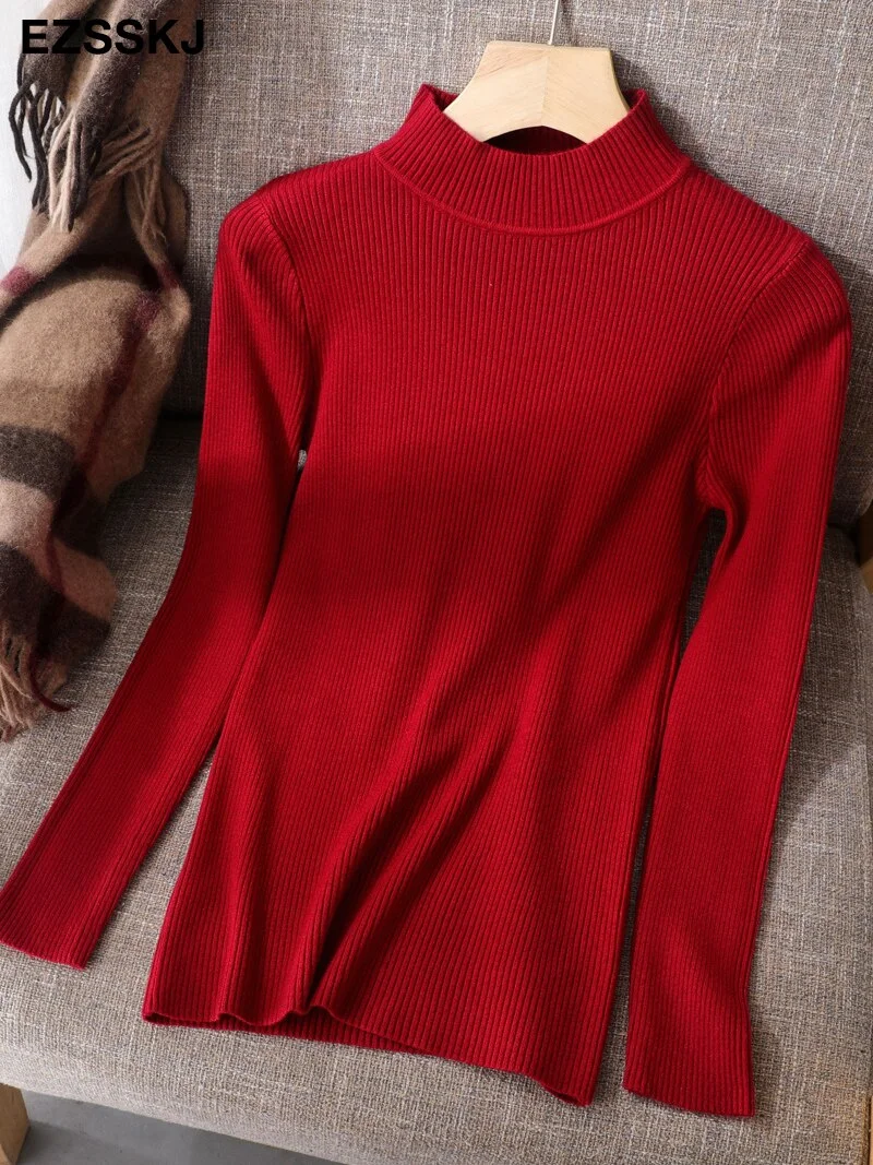 2021 Knitted Women high neck Sweater Pullovers Turtleneck Autumn Winter Basic Women Sweaters Slim Fit Black