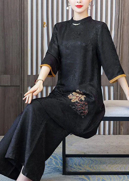Fashion Black Stand Collar Embroideried Silk Tops And Pants Outfit Summer