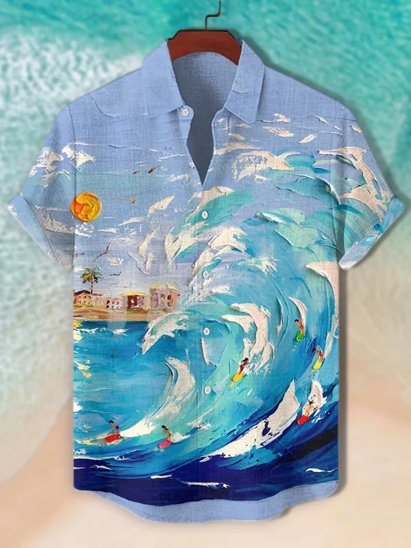 Men's Vacation Surfing Oil Painting Print Short Sleeve Shirt