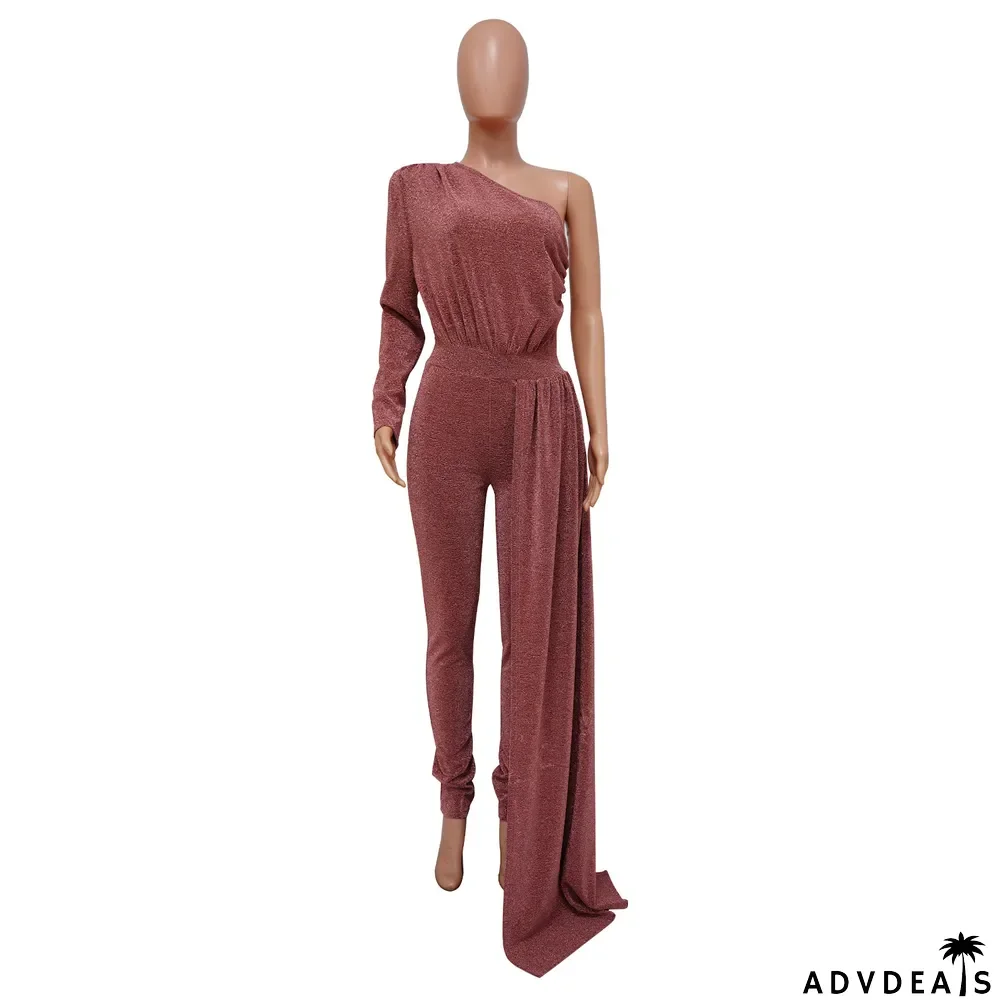 Autumn Glossy Sloping Shoulder Skinny Jumpsuit