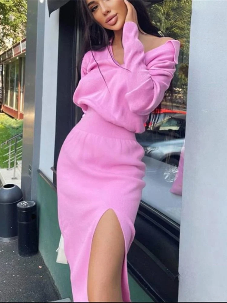 Jacuqeline Spring 2022 V Neck Sexy Split MIdi Knitted Dress Women Y2K Green Long Sleeve Elastic Waist Elegant Party Dresses