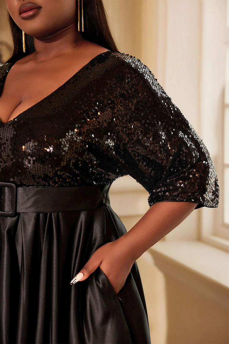 Xpluswear Design Plus Size Black Formal Lace Long Sleeve With Pocket Satin Maxi  Dresses