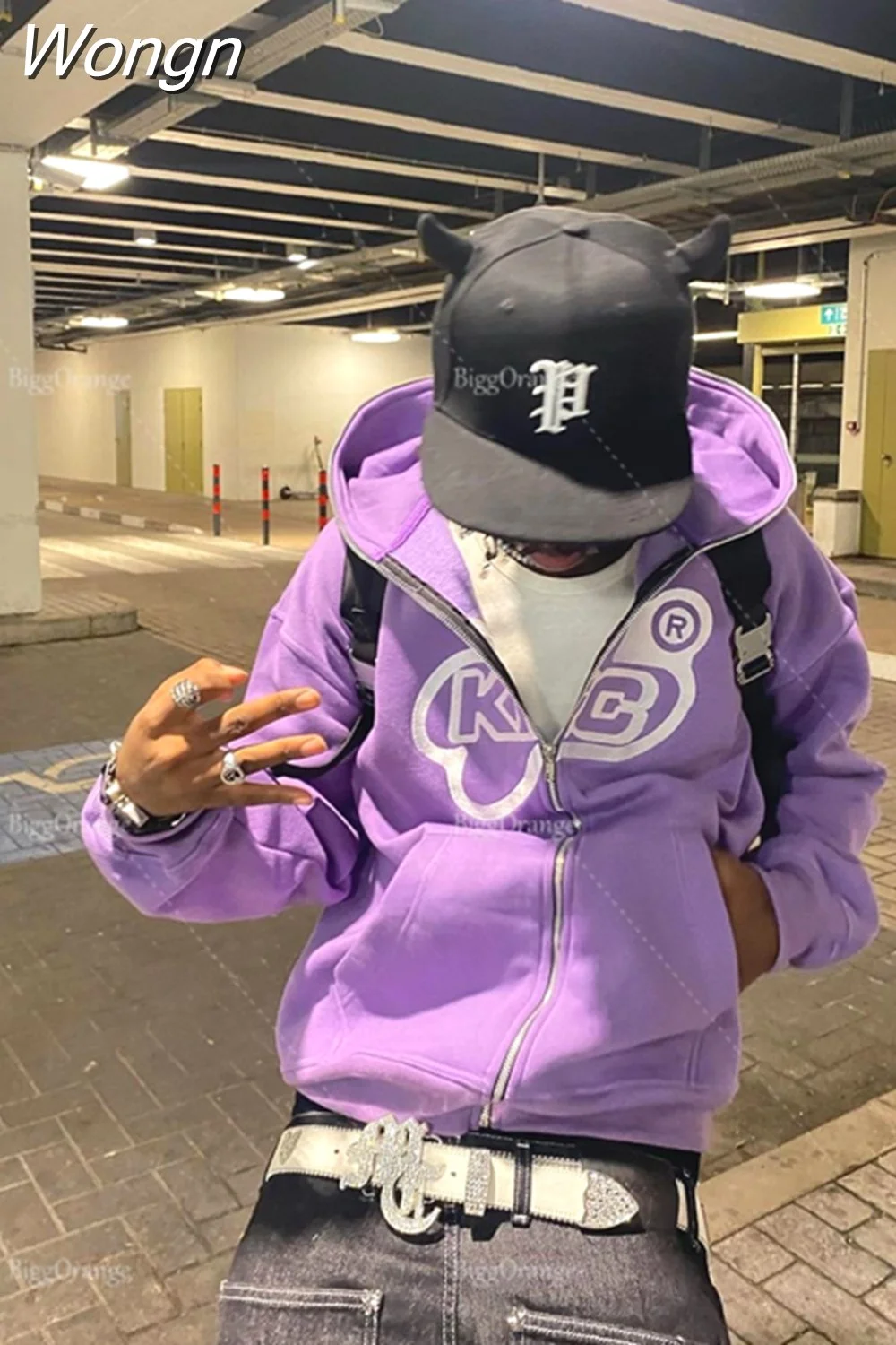 Wongn Letter Print Hoodie Zipper American Purple Streetwear Casual Clothes Hip Hop High Street Oversize Sweatshirts Loose Coat
