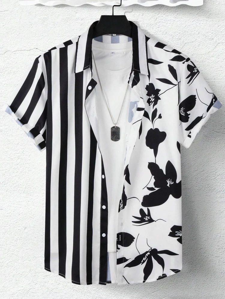 Enanhua Fashion Men's Shirt floral & stripe pattern Tops Summer New Men's Clothing Casual Short-Sleeved Buttons Blouse Hawaiian Shirts