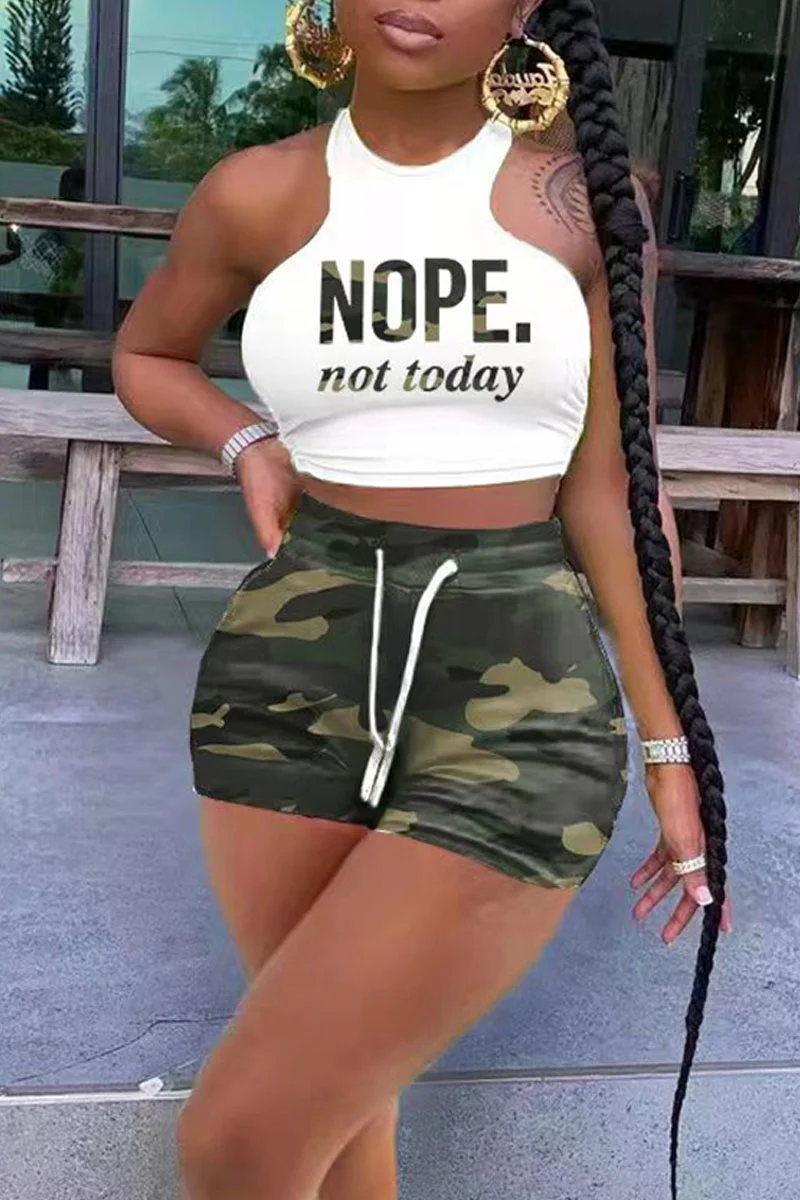 Camouflage Casual Sportswear Print Split Joint O Neck Sleeveless Two Pieces
