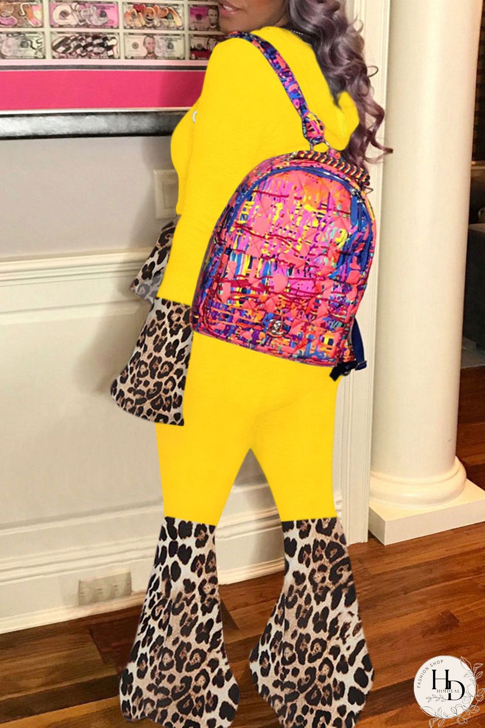 Yellow Street Print Split Joint Hooded Collar Long Sleeve Two Pieces