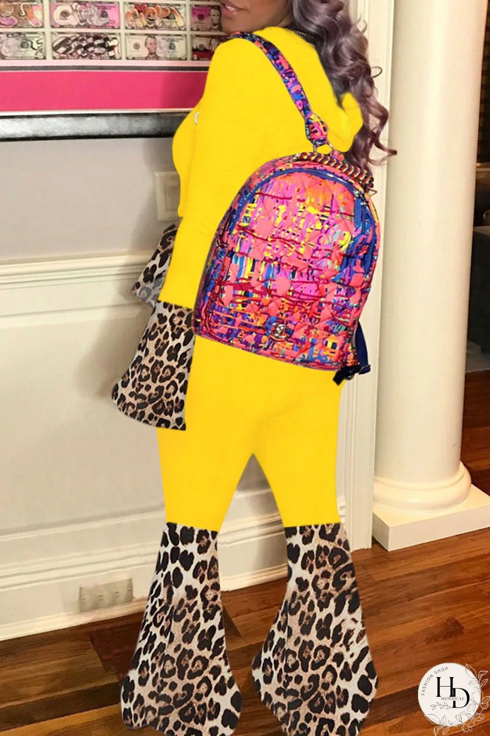 Yellow Street Print Split Joint Hooded Collar Long Sleeve Two Pieces