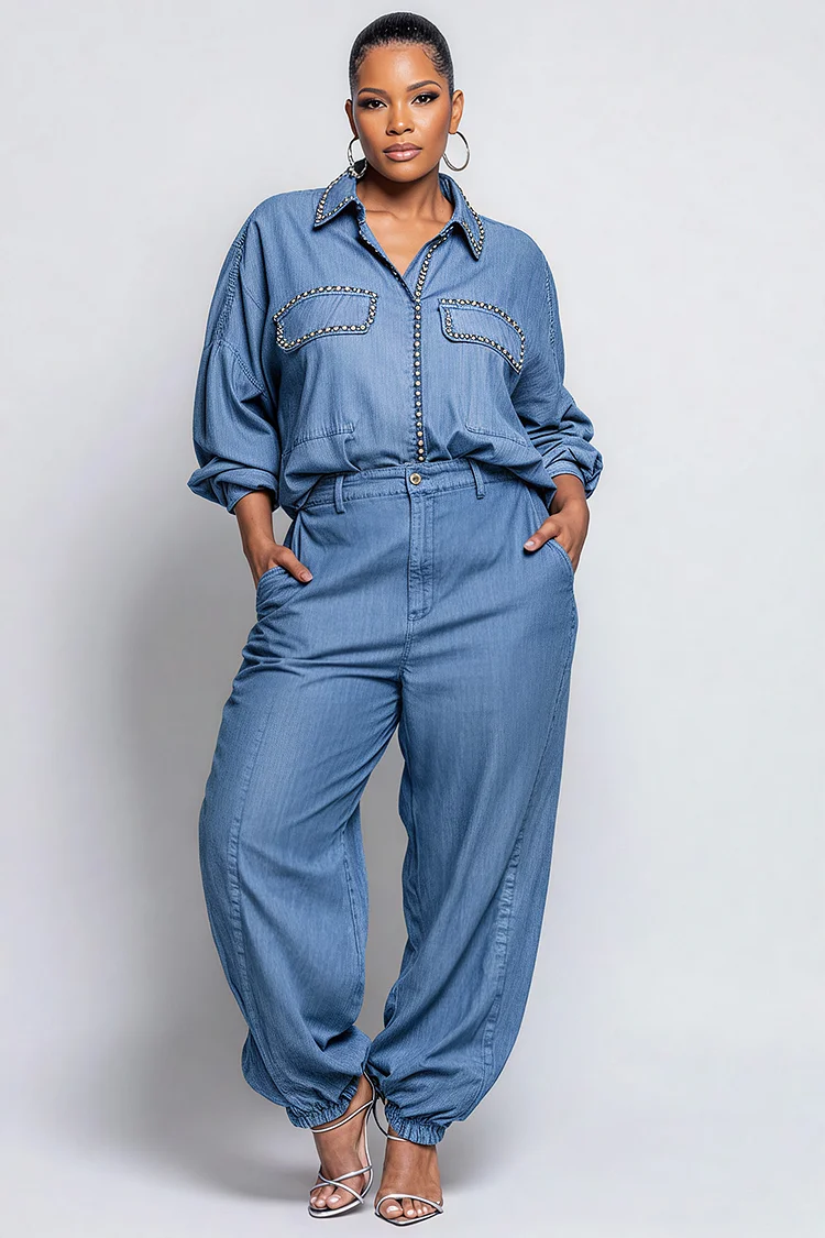 Xpluswear Design Plus Size Business Casual Blue Shirt Collar Long Sleeve Casual Jogging Tencel Denim Two Piece Pant Sets [Pre-Order]