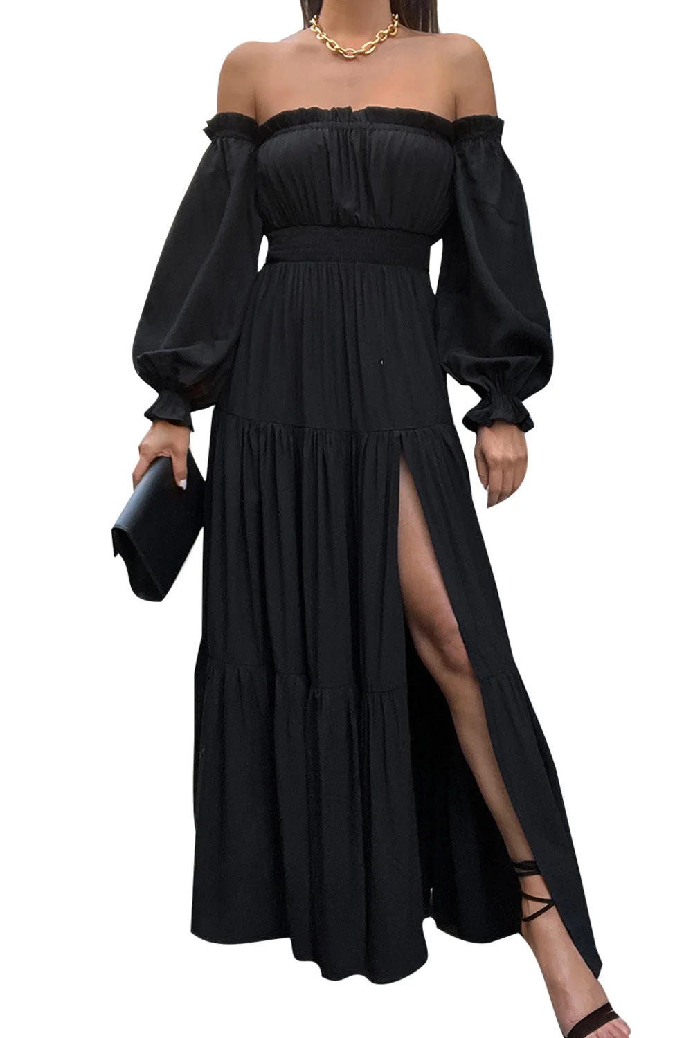Women Black Frilled Off-the-shoulder Puff Sleeve Pleated Maxi Dress with Slit