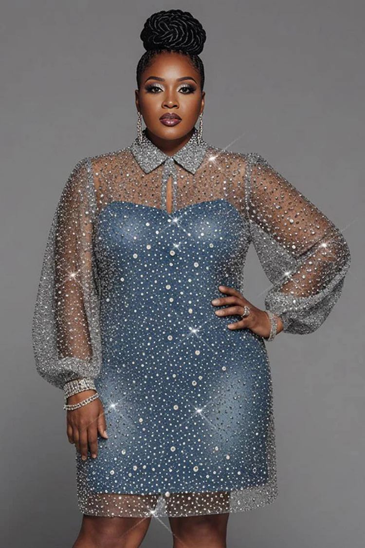 Xpluswear Design Plus Size Party Blue Shirt Collar Long Sleeve See Through Sequin Mini Dresses 2024 - Xpluswear