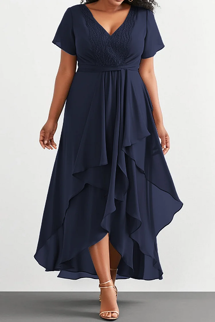 Flycurvy Plus Size Formal Slate Blue Chiffon Lace Stitching Asymmetrical Layered Maxi Dress