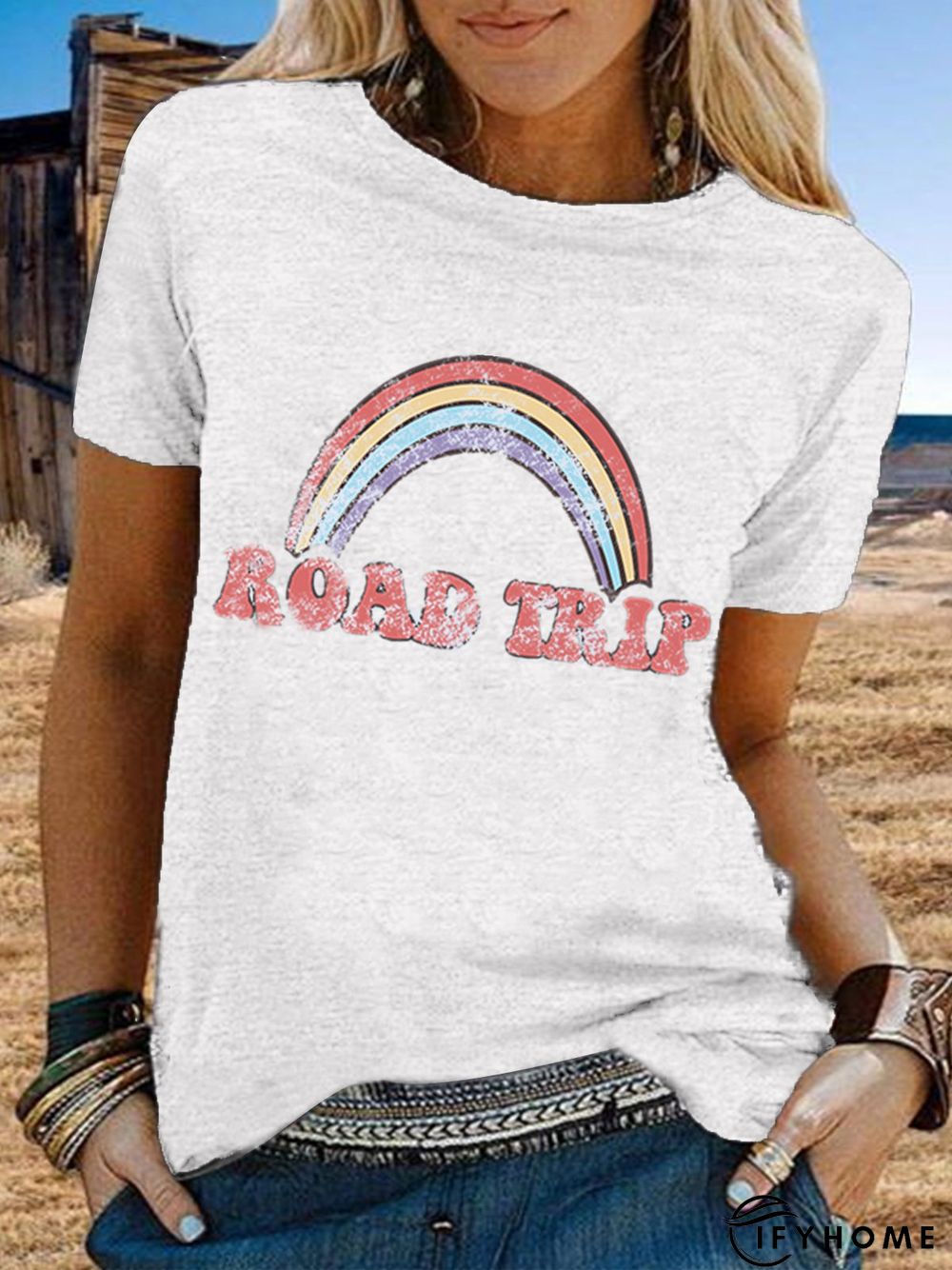 Vintage Short Sleeve Rainbow Letter Printed Plus Size Casual Tops | IFYHOME