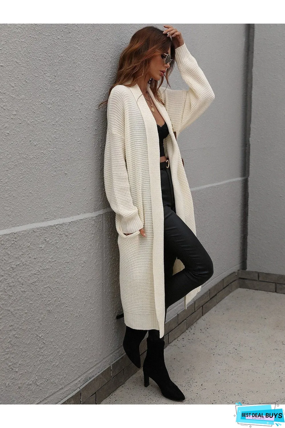 Waffle Knit Open Front Duster Cardigan With Pockets