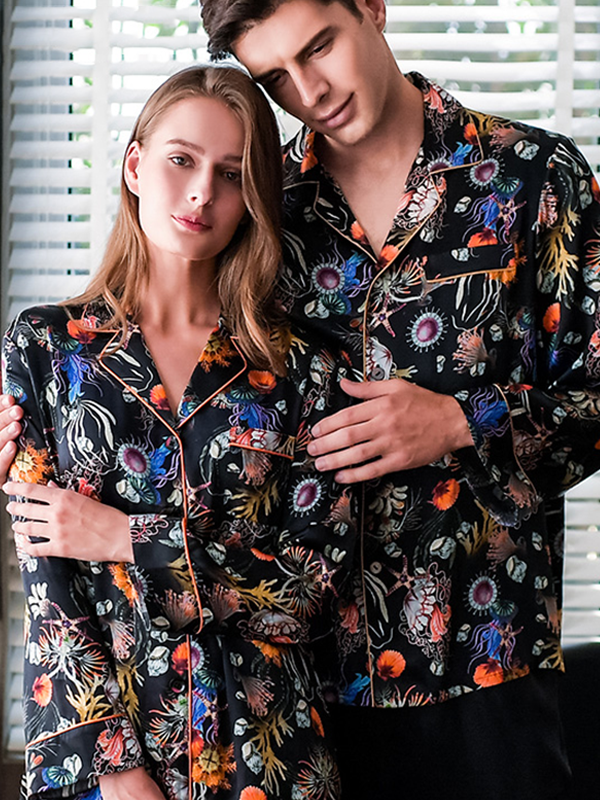 22 Momme Pyjama en soie imprimé fleuri couple-Soie Plus