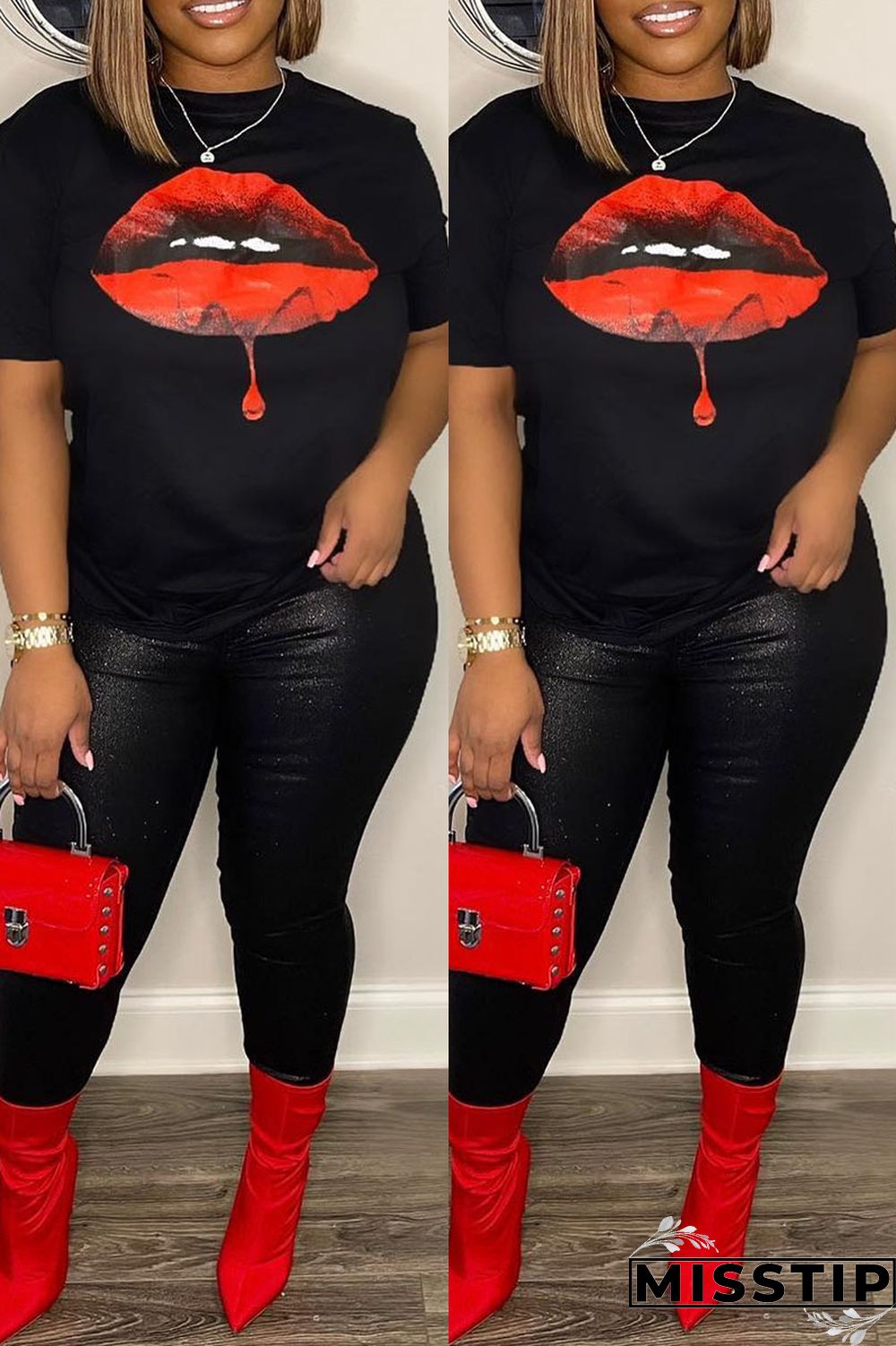 Black Casual Lips Printed Basic O Neck T-Shirts