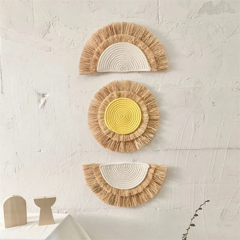 INS Abject Style Woven Straw Hanging Wall Ornaments Boho Macrame Braided Moroccan Tapestry Craft Rustic Homestay Farmhouse Decor