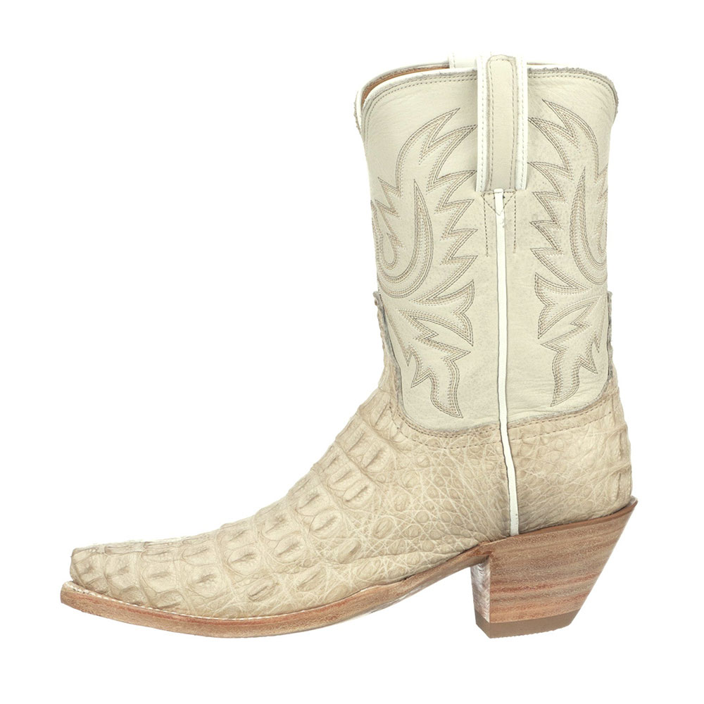 Beige Croco Embossed Pointed Toe Mid-Calf Embroidered Chunky Boots