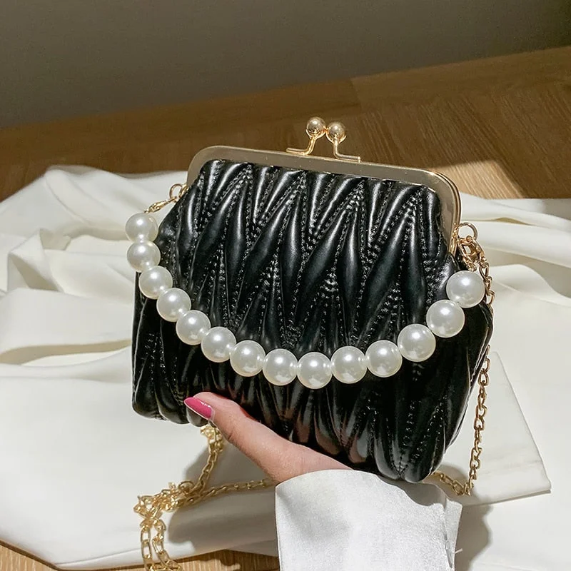 Pleated Pearl Tote bag Cute Shell bag 2021 Summer New Quality PU Leather Women's Designer Handbag Chain Shoulder Messenger Bag