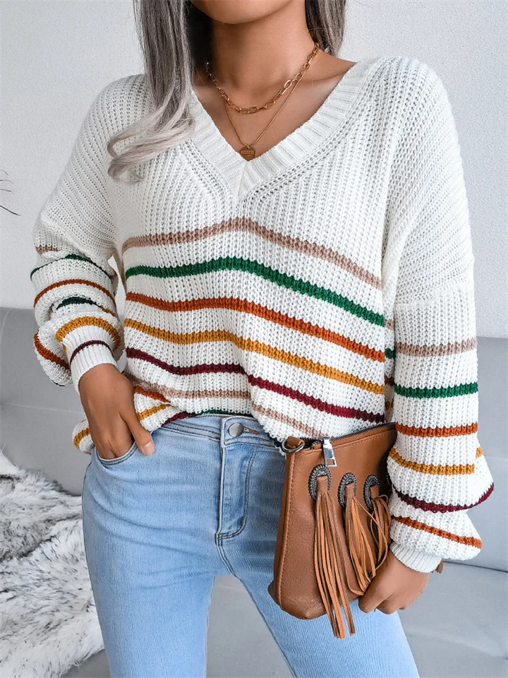 Autumn and Winter New Rainbow Stripes Casual Loose Pullover Long-sleeved Sweater Urban Casual Women's Clothing