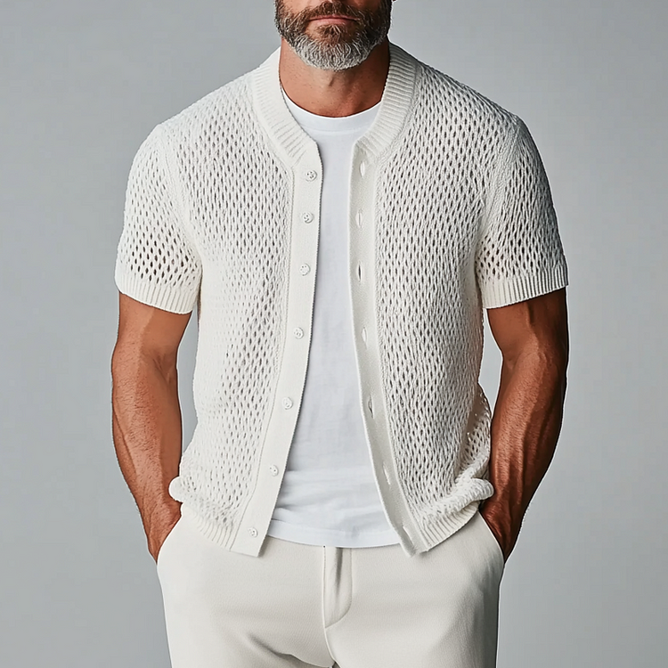 Men's Knit Hollow Out Crew Neck Button Short Sleeve Shirt