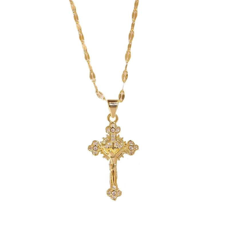 Vintage Style Religion Cross Jesus Copper Zircon 14K Gold Plated Plating Pendant Necklace