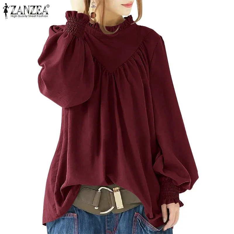 ZANZEA 2021 Women Fashion Casual Office Shirt Solid Chemise Femme Clothing Plain Ruffles Work Blusa Autumn Puff Sleeve Blouse