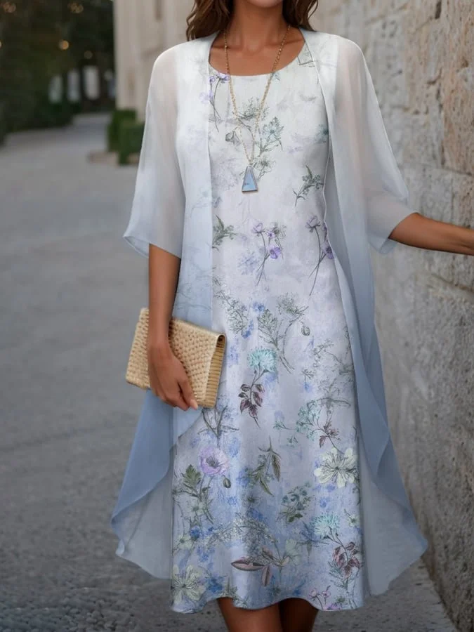 Women's Fashionable And Elegant Round Neck Short-Sleeved Floral Print Dress Two-Piece Set