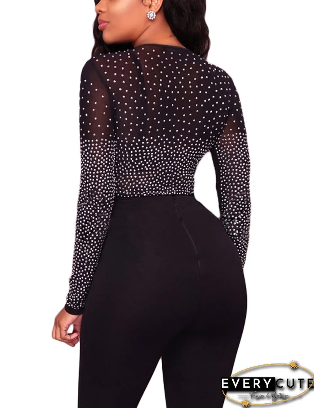 Black Sheer Mesh Rhinestone V Neck Long Sleeve Tops