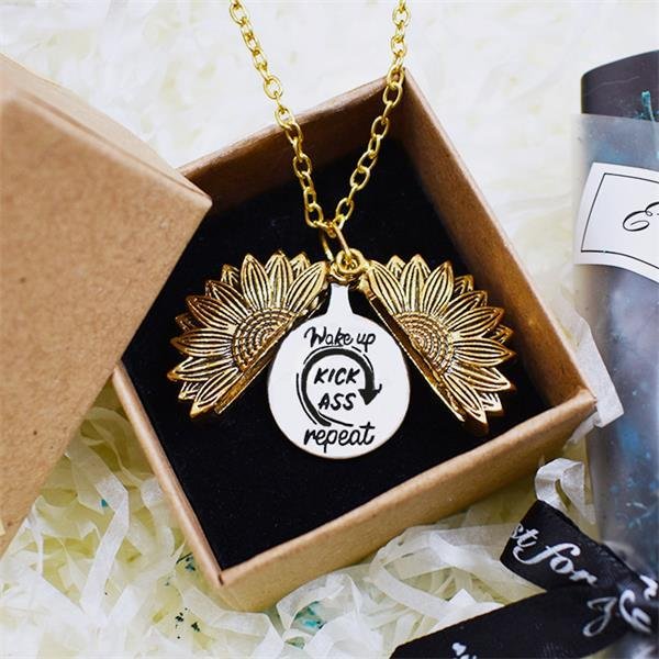 Wake Up Kick Ass Repeat Sunflower Necklace