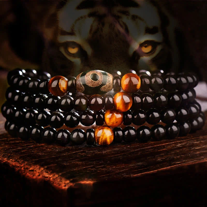 Black Obsidian Dzi Bead Tiger Eye Agate Healing 108 Beads Mala Bracelet