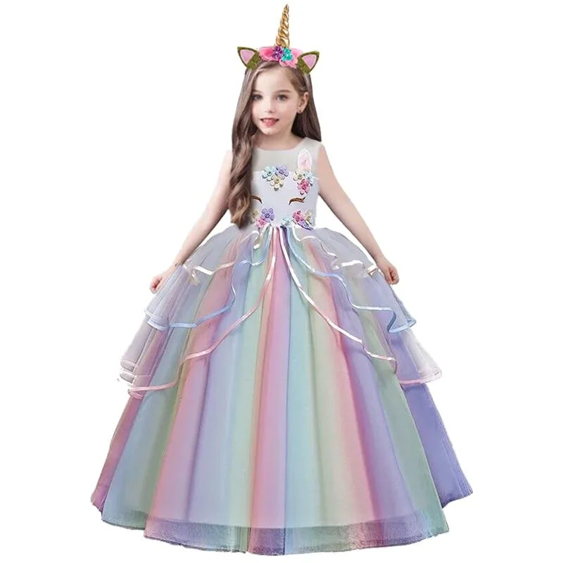 Fancy Baby Girl Rainbow Unicorn Girls Dress Party Elegant Children Kids Long Tutu Gown Princess Dresses Teen Girl 10 12 14 Years
