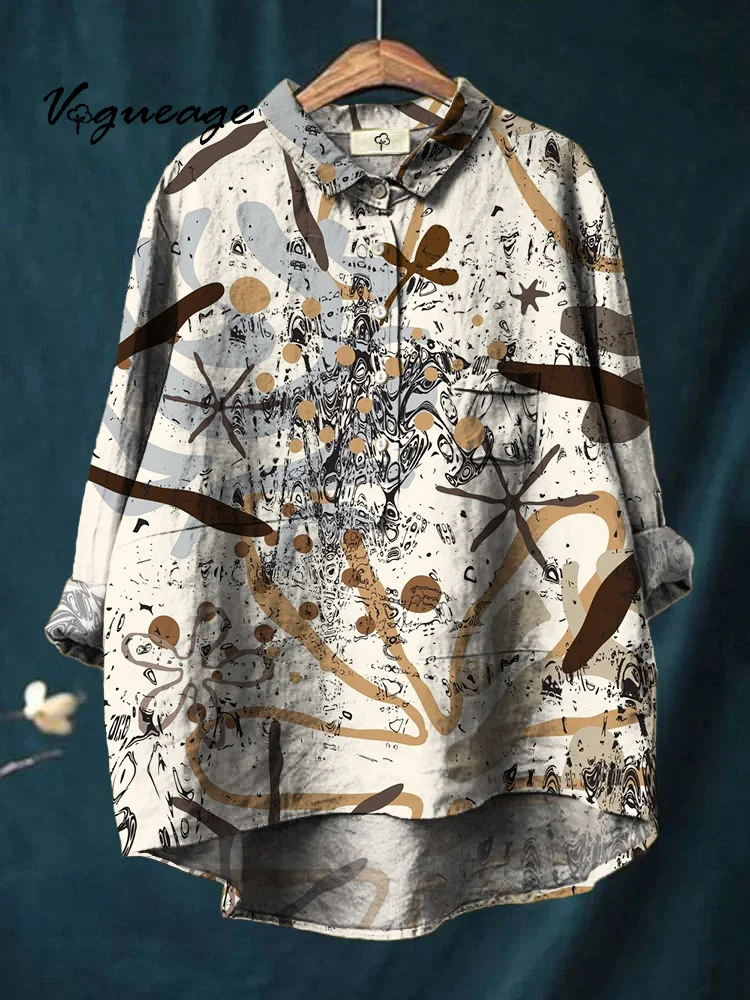 Fashion Graffiti Color Block Flowers Printed Cotton And Linen Shirt