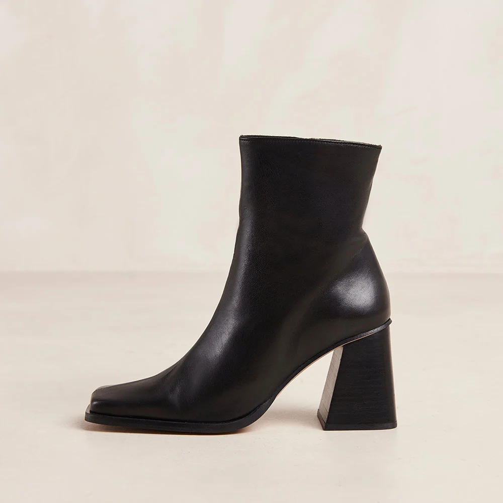 Black Square Toe 3'' Chunky Heel Side-Zip Office Ankle Boots
