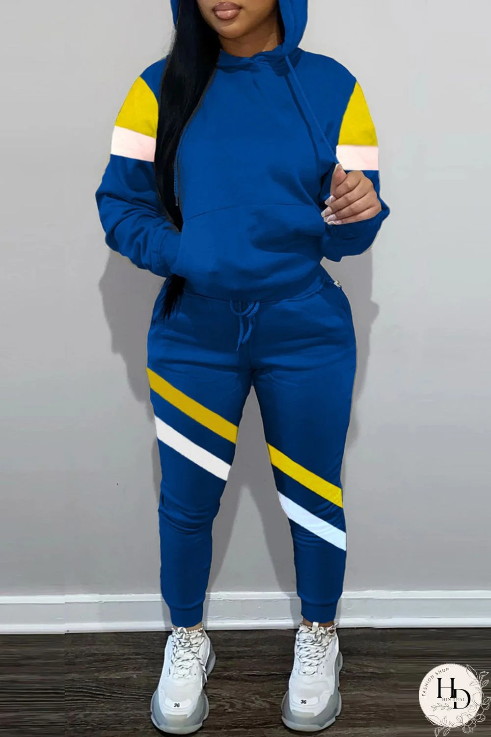 Blue Fashion Casual Patchwork Basic Hooded Collar Long Sleeve Two Pieces