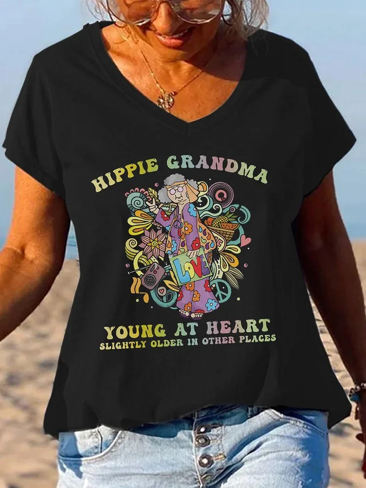 Women Hippie Grandma V Neck Short Sleeve T-Shirt socialshop