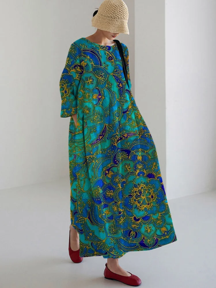 Women's Vintage Art Flory Print Long Sleeve Midi Dress