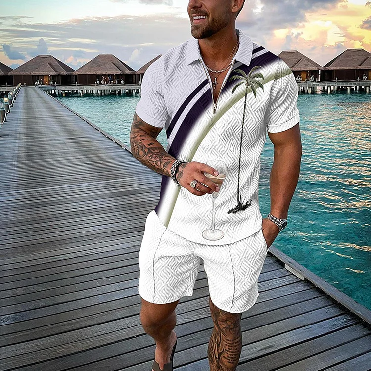 BrosWear Isolated Summer Tropical Palmfrond Short Sleeve Polo Shirt And Shorts Co-Ord