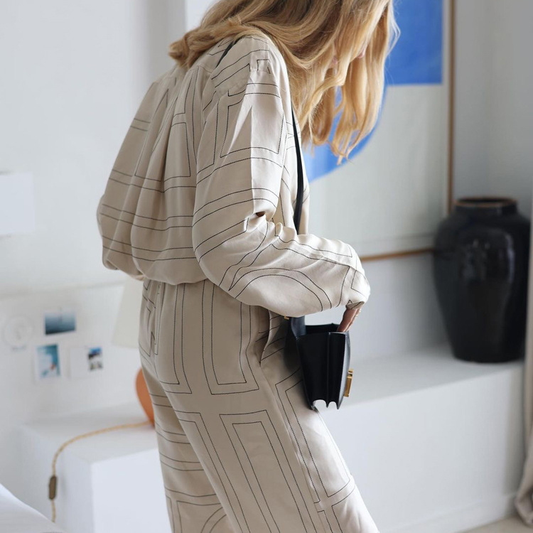 Ootddress Casual Patchwork Printed 2 Piece-Set For Women Trousers Fashion Lapel Shirts Nightwear Slim High Waist Women's Pants Sets