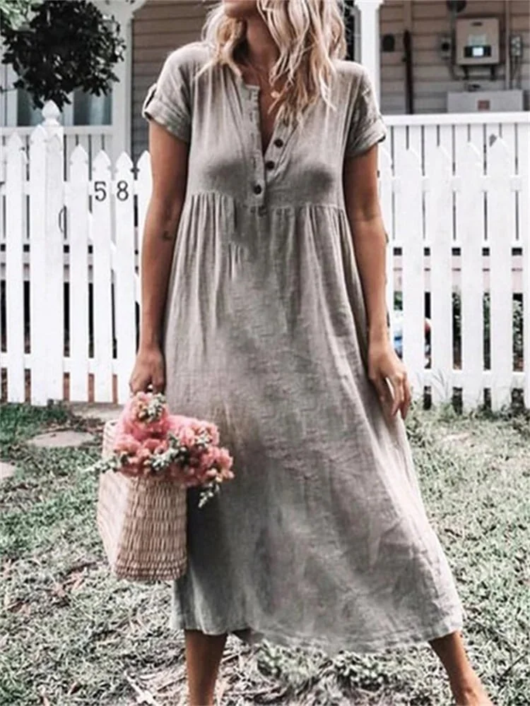 Rolled Sleeve Button Up Pleated Maxi Dress