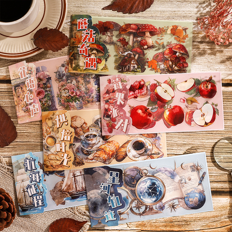 PET 스티커 - 시간 노트 시리즈 빈티지 식물 꽃 커피 성 풍경