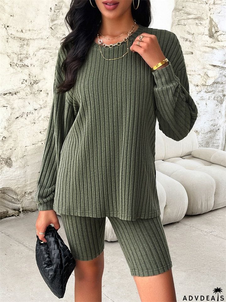 Female Pure Color Leisure Knitted Sweater + Shorts Two-piece Set