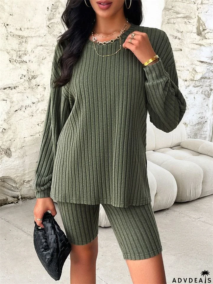 Female Pure Color Leisure Knitted Sweater + Shorts Two-piece Set