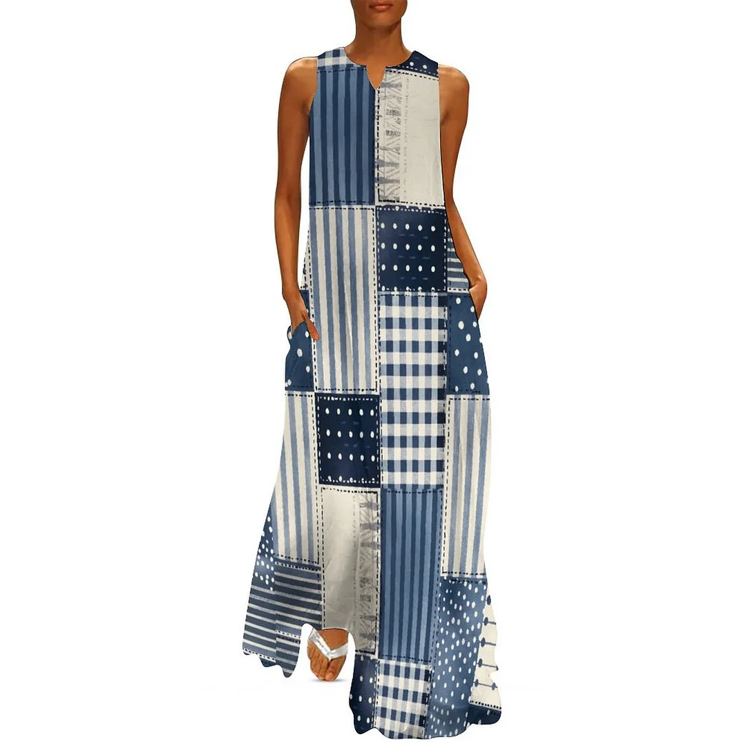 Style & Comfort for Mature Women Plus Size Printed Sleeveless Casual Women Maxi Dress with Pockets in Pattern Patchwork, Blue, Denim