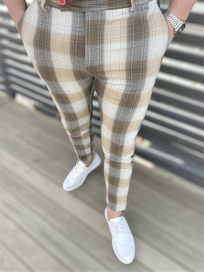 Men's Casual Brown Plaid Pants
