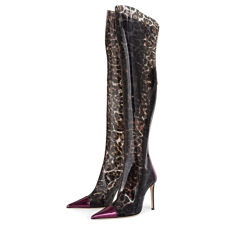 Women'S Purple Zipper Boot Elegant Stiletto Heel Leopard Shoes Knee High Transparent Boots |FSJ Shoes