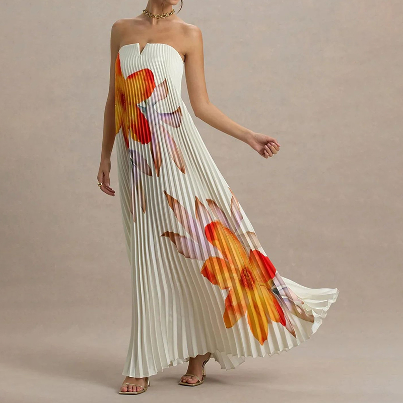 Elegant Printed Bandeau Loose Pleated Dress elevenforest